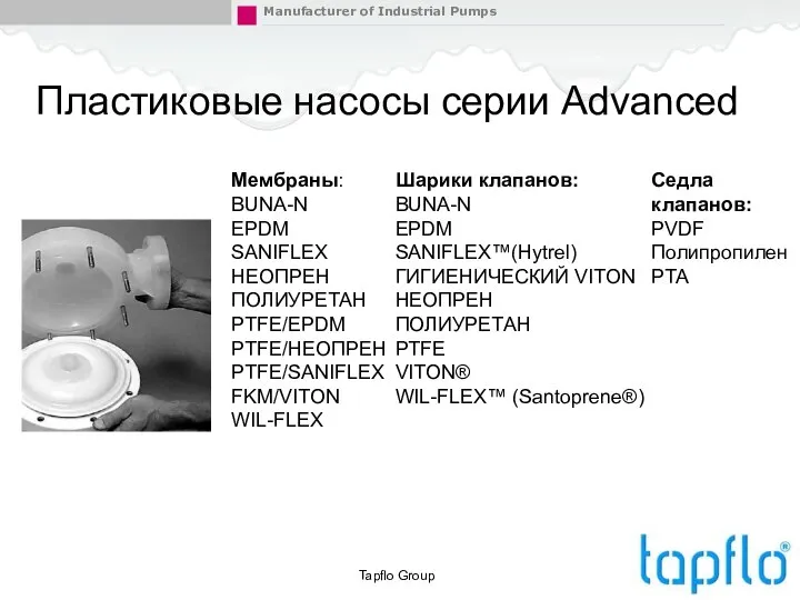 Пластиковые насосы серии Advanced Tapflo Group Мембраны: BUNA-N EPDM SANIFLEX НЕОПРЕН