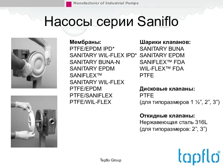 Насосы серии Saniflo Tapflo Group Мембраны: PTFE/EPDM IPD* SANITARY WIL-FLEX IPD*