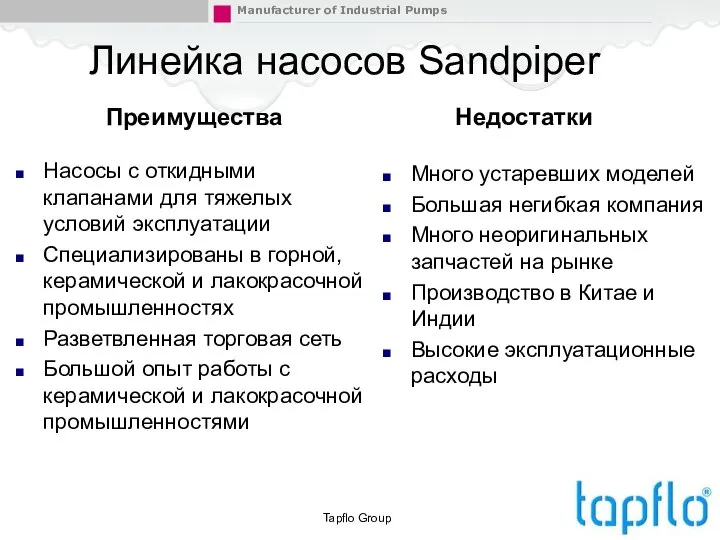 Линейка насосов Sandpiper Преимущества Насосы с откидными клапанами для тяжелых условий