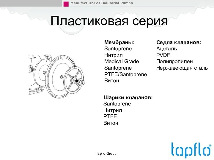 Tapflo Group Пластиковая серия Мембраны: Santoprene Нитрил Medical Grade Santoprene PTFE/Santoprene