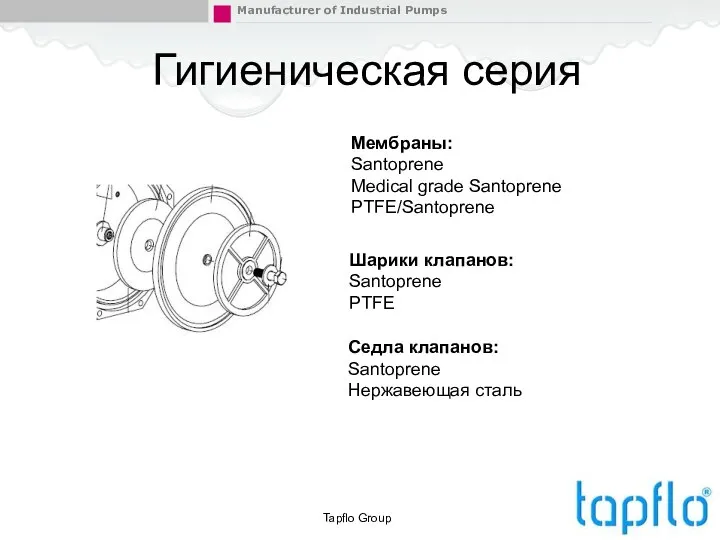 Tapflo Group Гигиеническая серия Мембраны: Santoprene Medical grade Santoprene PTFE/Santoprene Шарики