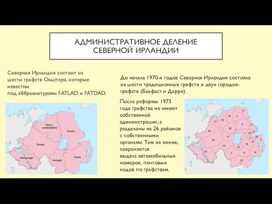 АДМИНИСТРАТИВНОЕ ДЕЛЕНИЕ СЕВЕРНОЙ ИРЛАНДИИ Северная Ирландия состоит из шести графств Ольстера,