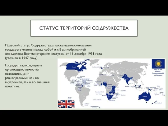 СТАТУС ТЕРРИТОРИЙ СОДРУЖЕСТВА Правовой статус Содружества, а также взаимоотношения государств-членов между