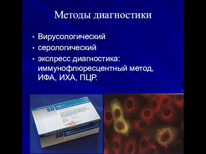 Методы диагностики Вирусологический серологический экспресс диагностика: иммунофлюресцентный метод, ИФА, ИХА, ПЦР.