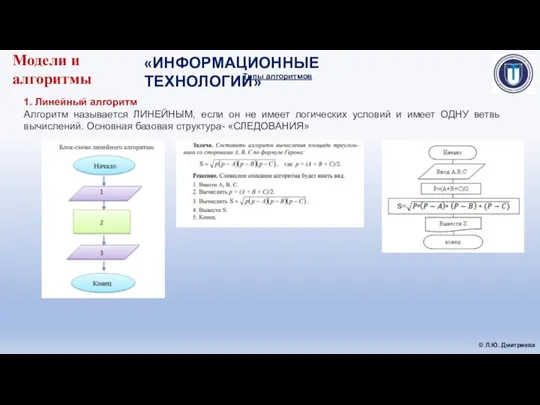 «ИНФОРМАЦИОННЫЕ ТЕХНОЛОГИИ» © Л.Ю. Дмитриева Модели и алгоритмы Типы алгоритмов 1.