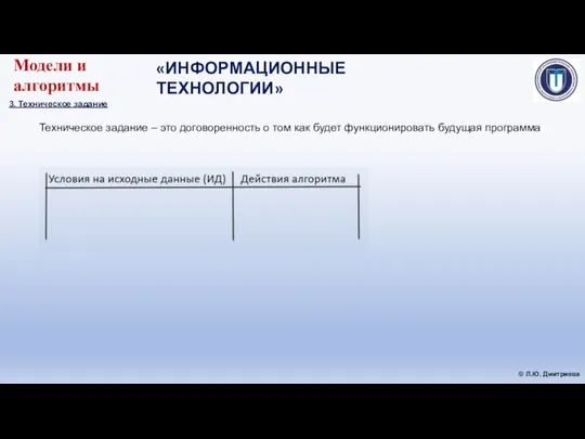 «ИНФОРМАЦИОННЫЕ ТЕХНОЛОГИИ» © Л.Ю. Дмитриева Модели и алгоритмы 3. Техническое задание