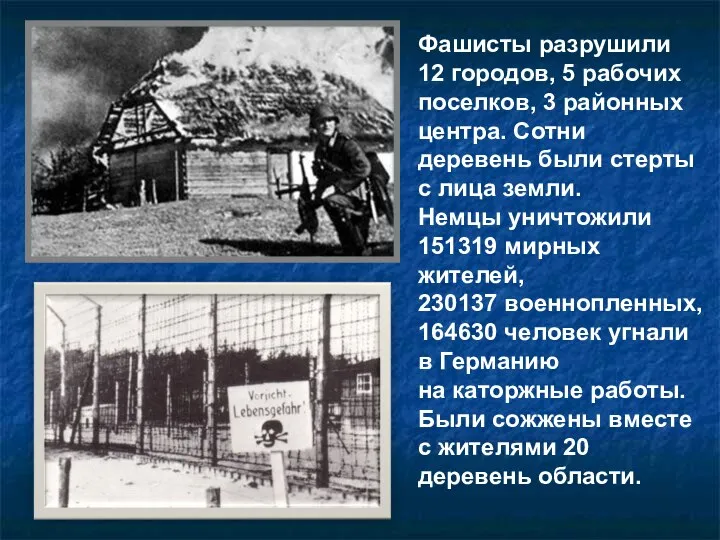 Фашисты разрушили 12 городов, 5 рабочих поселков, 3 районных центра. Сотни