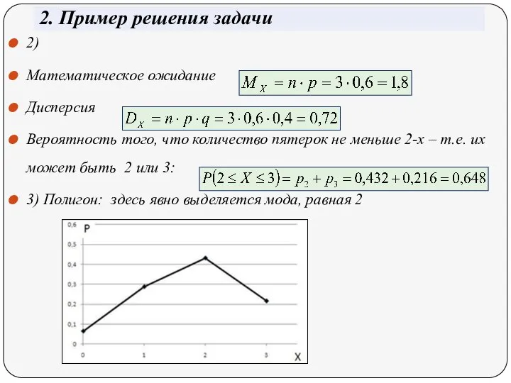 2. Пример решения задачи 2) Математическое ожидание Дисперсия Вероятность того, что