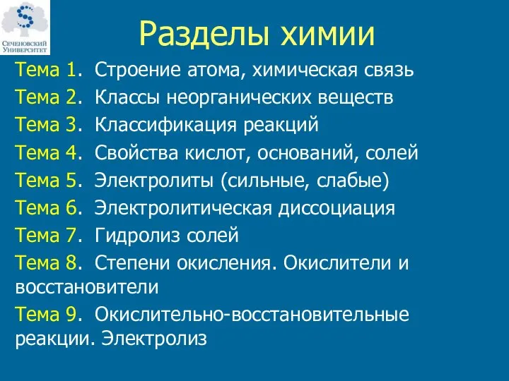 Разделы химии Тема 1. Строение атома, химическая связь Тема 2. Классы