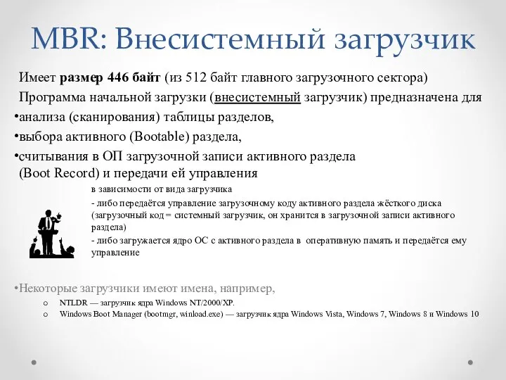 MBR: Внесистемный загрузчик Имеет размер 446 байт (из 512 байт главного