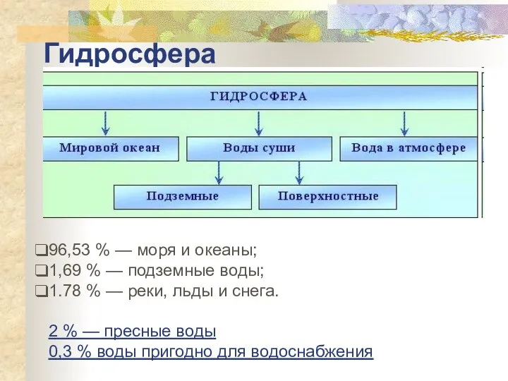 Гидросфера 96,53 % — моря и океаны; 1,69 % — подземные