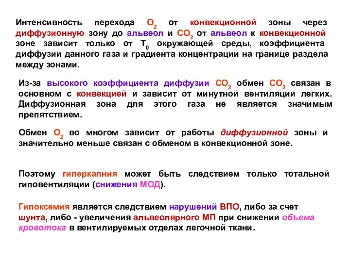 Интенсивность перехода О2 от конвекционной зоны через диффузионную зону до альвеол