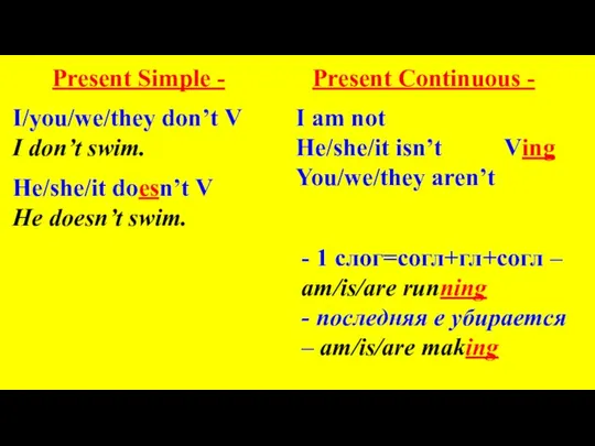 Present Simple - I/you/we/they don’t V I don’t swim. Present Continuous