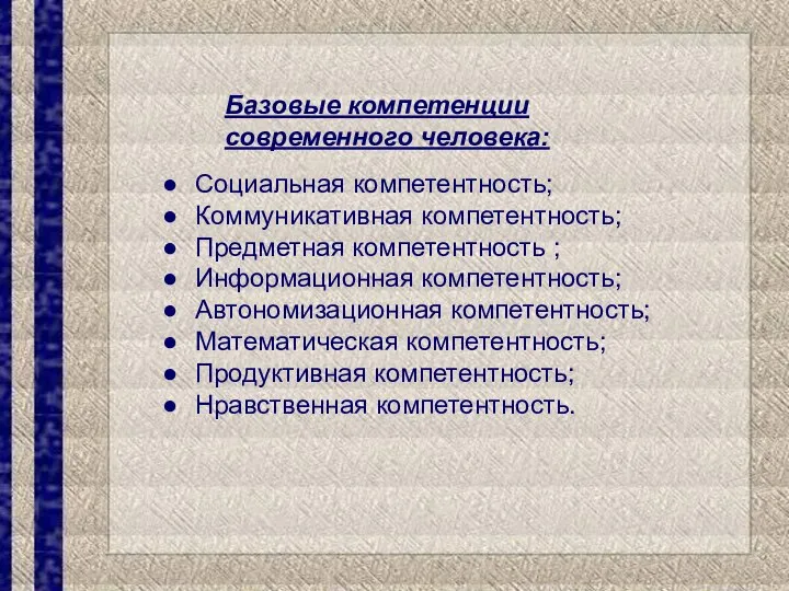 Базовые компетенции современного человека: Социальная компетентность; Коммуникативная компетентность; Предметная компетентность ;