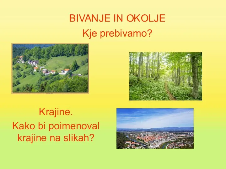 BIVANJE IN OKOLJE Kje prebivamo? Krajine. Kako bi poimenoval krajine na slikah?