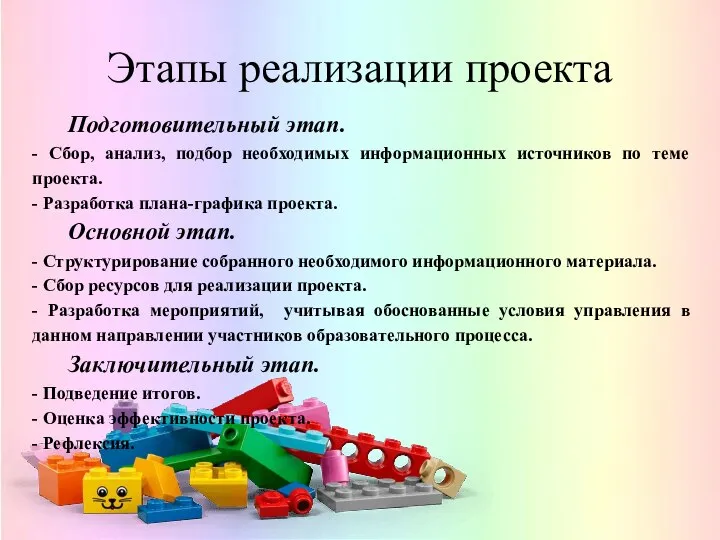 Этапы реализации проекта Подготовительный этап. - Сбор, анализ, подбор необходимых информационных