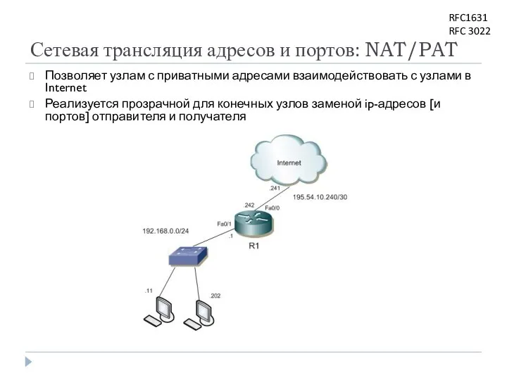 Сетевая трансляция адресов и портов: NAT/PAT Позволяет узлам с приватными адресами