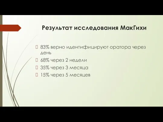 Результат исследования МакГихи 83% верно идентифицируют оратора через день 68% через