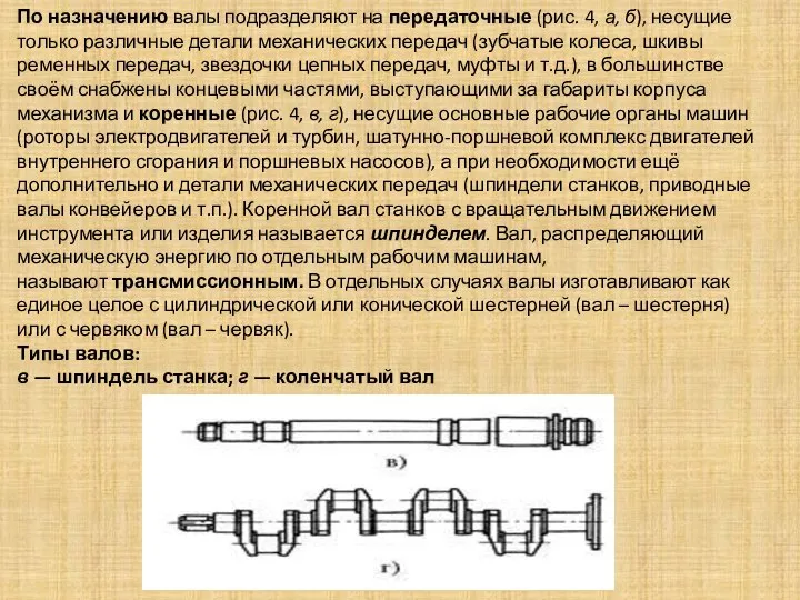 По назначению валы подразделяют на передаточные (рис. 4, а, б), несущие