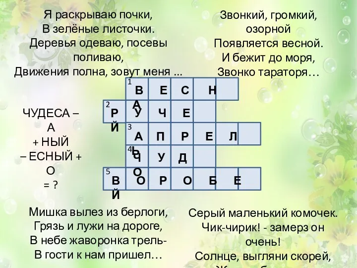 Я раскрываю почки, В зелёные листочки. Деревья одеваю, посевы поливаю, Движения