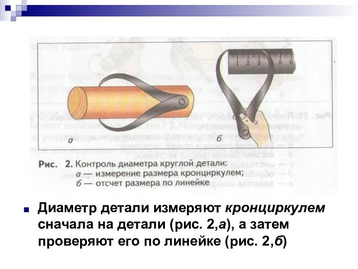 Диаметр детали измеряют кронциркулем сначала на детали (рис. 2,а), а затем