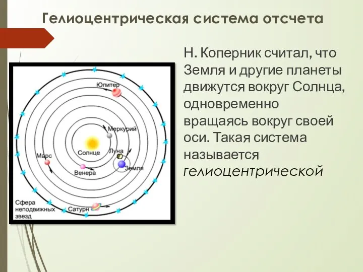 Гелиоцентрическая система отсчета Н. Коперник считал, что Земля и другие планеты