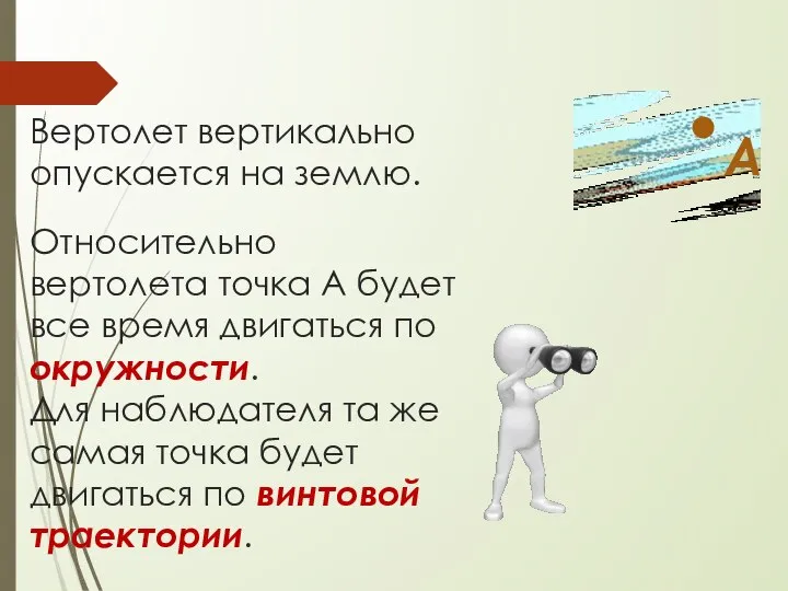 А . Вертолет вертикально опускается на землю. Относительно вертолета точка А