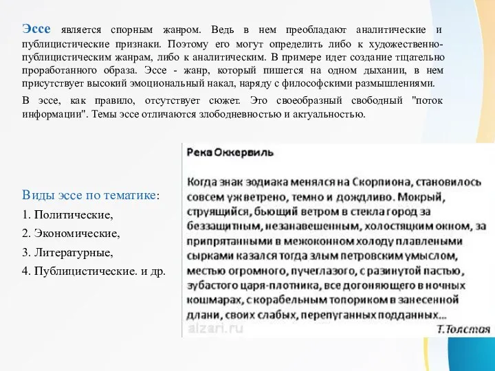 Эссе является спорным жанром. Ведь в нем преобладают аналитические и публицистические