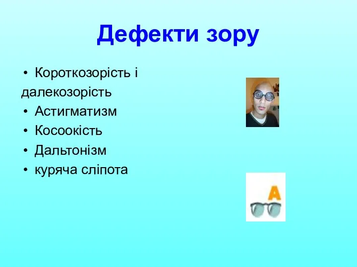 Дефекти зору Короткозорість і далекозорість Астигматизм Косоокість Дальтонізм куряча сліпота