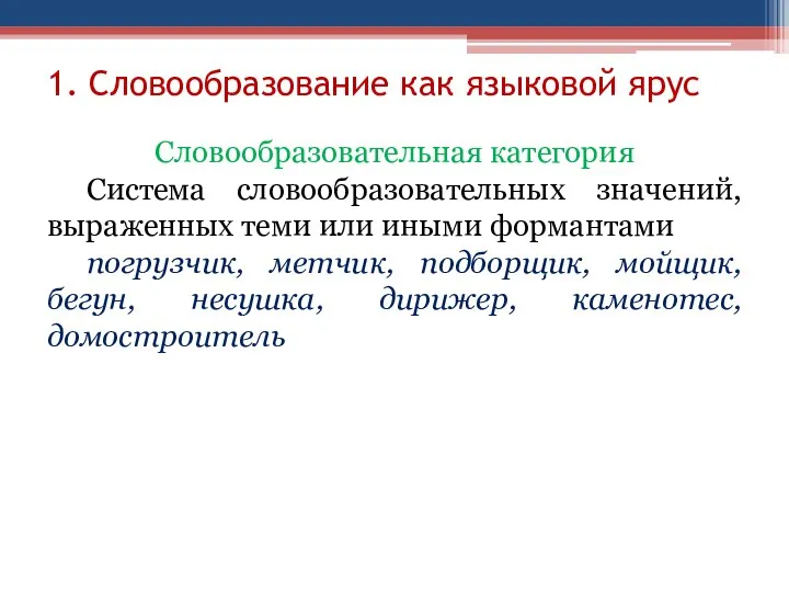 1. Словообразование как языковой ярус Словообразовательная категория Система словообразовательных значений, выраженных