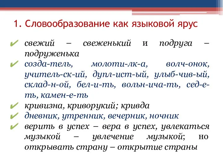 1. Словообразование как языковой ярус свежий – свеженький и подруга –