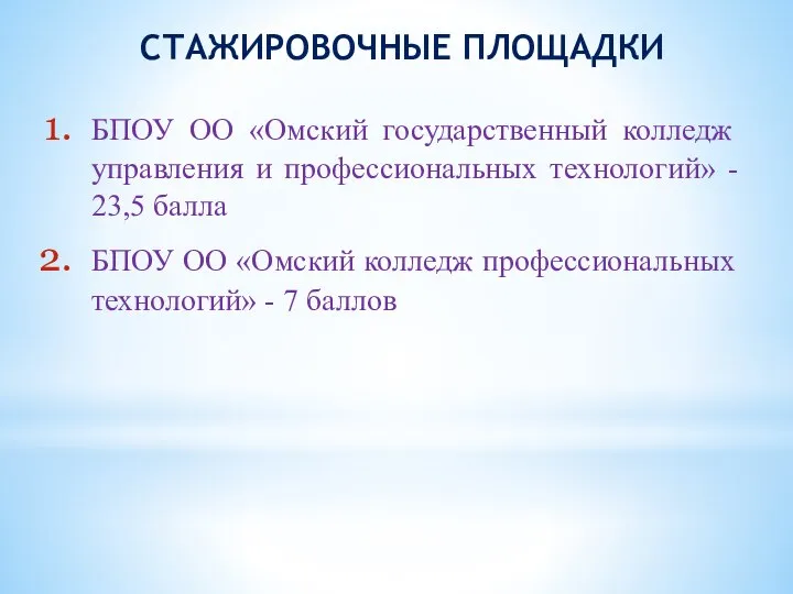 СТАЖИРОВОЧНЫЕ ПЛОЩАДКИ БПОУ ОО «Омский государственный колледж управления и профессиональных технологий»