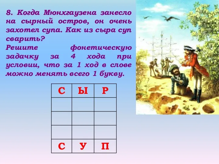 8. Когда Мюнхгаузена занесло на сырный остров, он очень захотел супа.