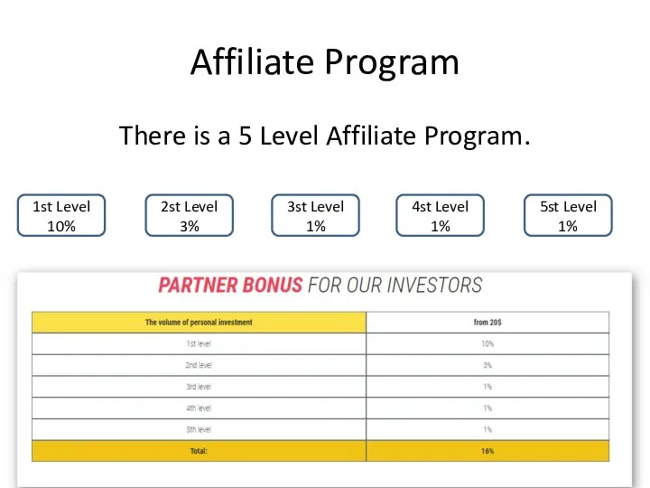 Affiliate Program There is a 5 Level Affiliate Program. 1st Level