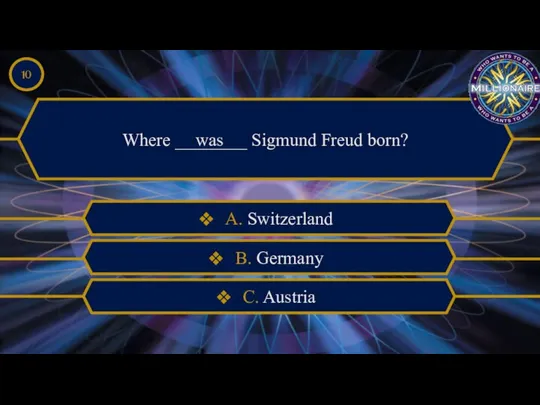 Where ________ Sigmund Freud born? was A. Switzerland B. Germany C. Austria 10