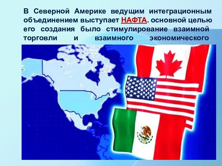 В Северной Америке ведущим интеграционным объединением выступает НАФТА. основной целью его