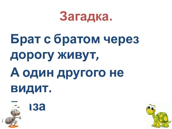 Загадка. Брат с братом через дорогу живут, А один другого не видит. Глаза