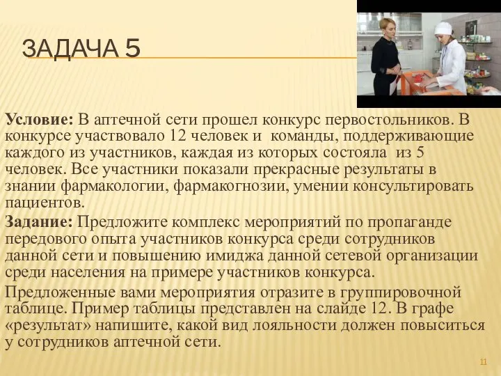 ЗАДАЧА 5 Условие: В аптечной сети прошел конкурс первостольников. В конкурсе