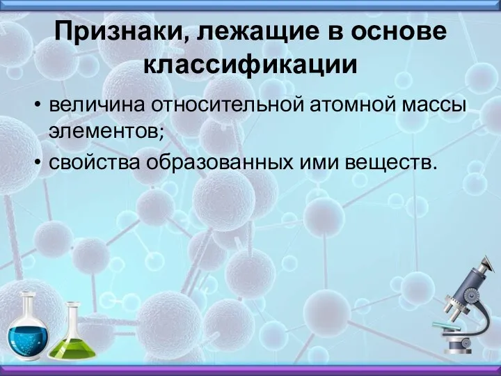 Признаки, лежащие в основе классификации величина относительной атомной массы элементов; свойства образованных ими веществ.