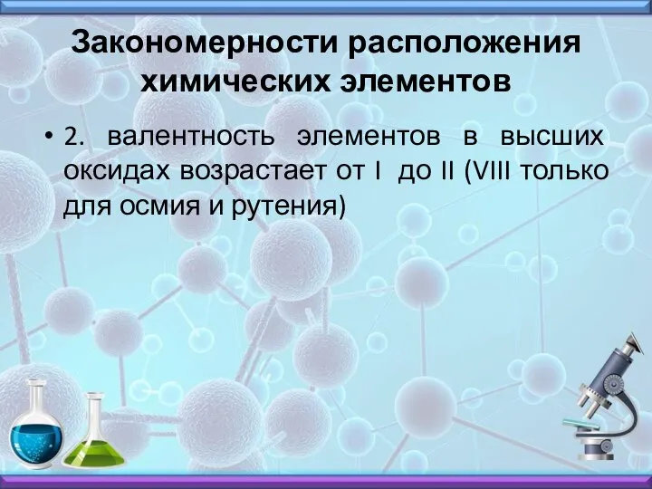 Закономерности расположения химических элементов 2. валентность элементов в высших оксидах возрастает