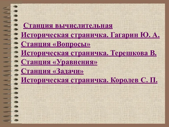 Станция вычислительная Историческая страничка. Гагарин Ю. А. Станция «Вопросы» Историческая страничка.