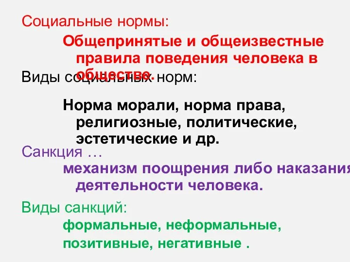 Социальные нормы: Виды социальных норм: Санкция … Виды санкций: Общепринятые и