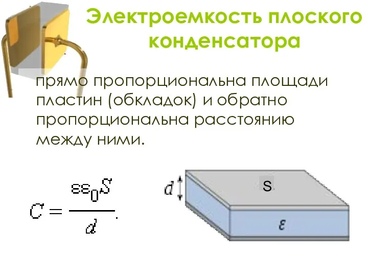 прямо пропорциональна площади пластин (обкладок) и обратно пропорциональна расстоянию между ними. Электроемкость плоского конденсатора S