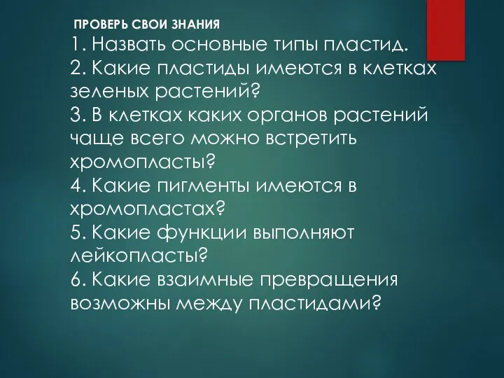 ПРОВЕРЬ СВОИ ЗНАНИЯ 1. Назвать основные типы пластид. 2. Какие пластиды