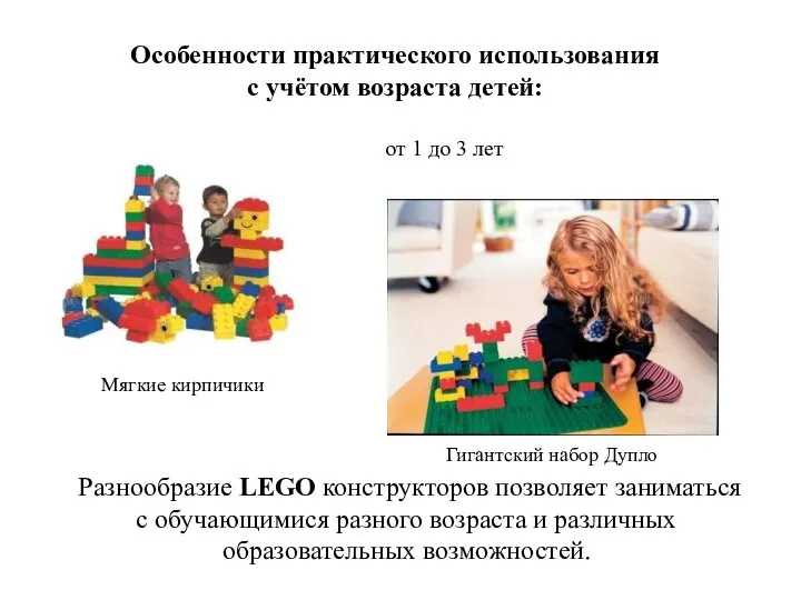 Разнообразие LEGO конструкторов позволяет заниматься с обучающимися разного возраста и различных