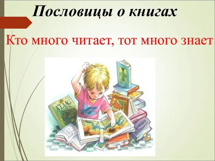 Пословицы о книгах Кто много читает, тот много знает