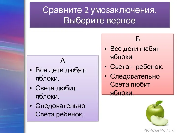 Сравните 2 умозаключения. Выберите верное А Все дети любят яблоки. Света