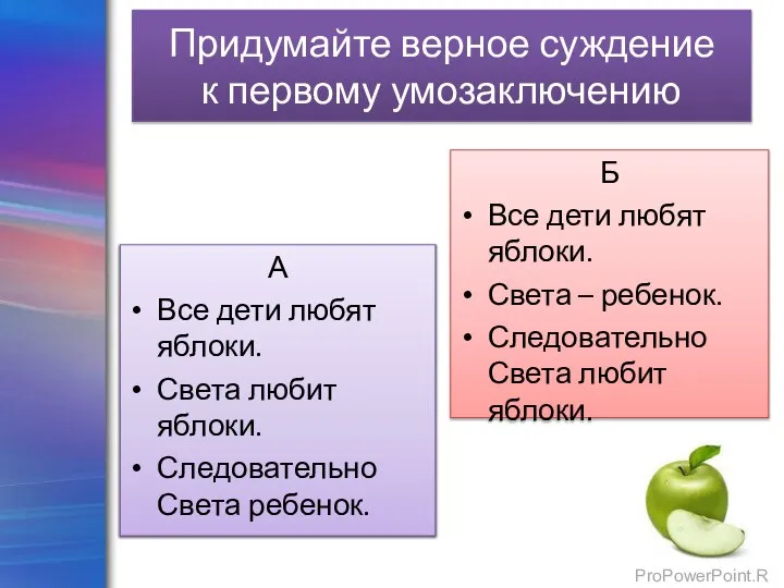 Придумайте верное суждение к первому умозаключению А Только дети любят яблоки.