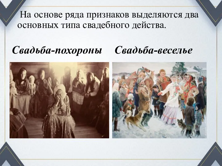 На основе ряда признаков выделяются два основных типа свадебного действа. Свадьба-похороны Свадьба-веселье