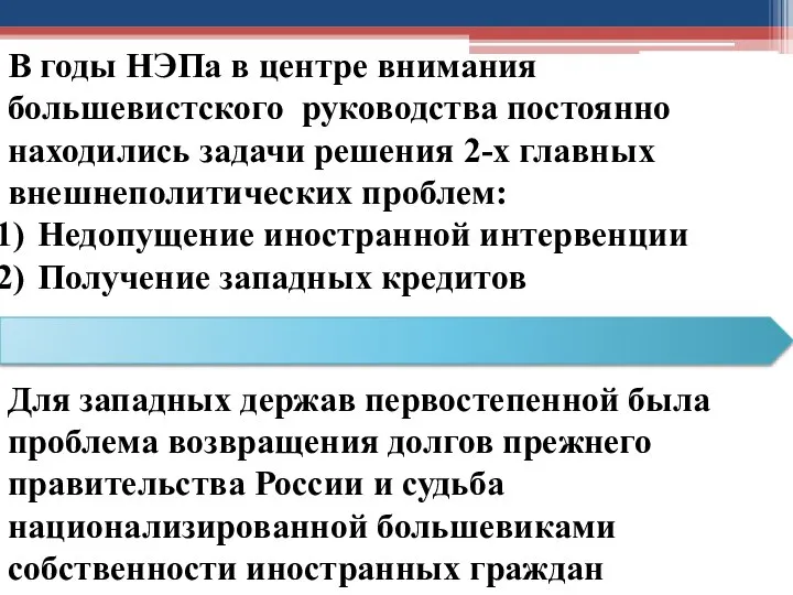 В годы НЭПа в центре внимания большевистского руководства постоянно находились задачи